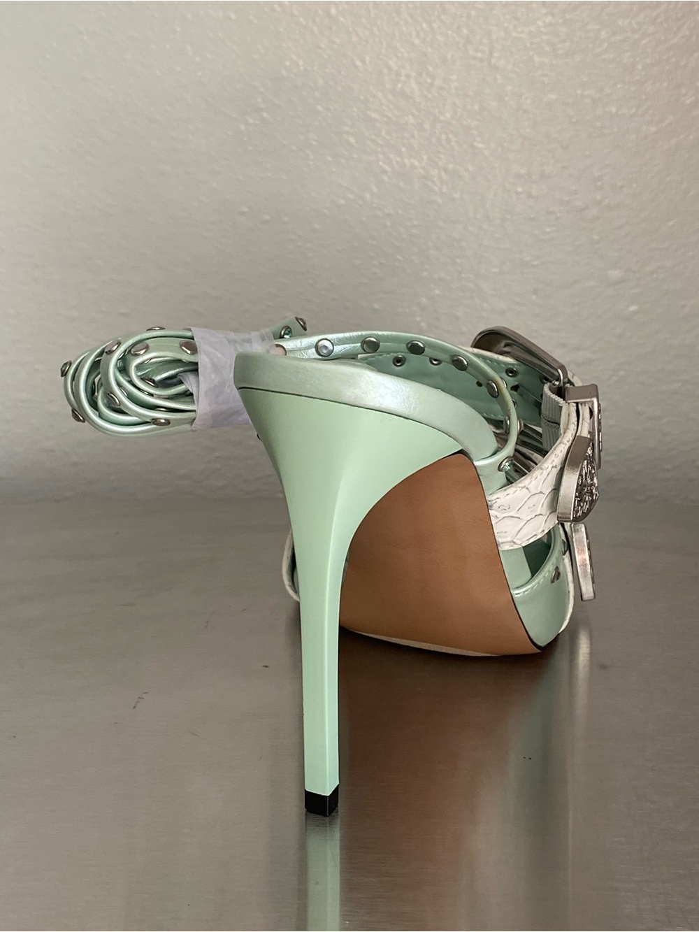 NEW STEVE MADDEN STUDDED METAL BUCKLE ANKLE WRAP STILETTOS IN MINT - Picture 10 of 15